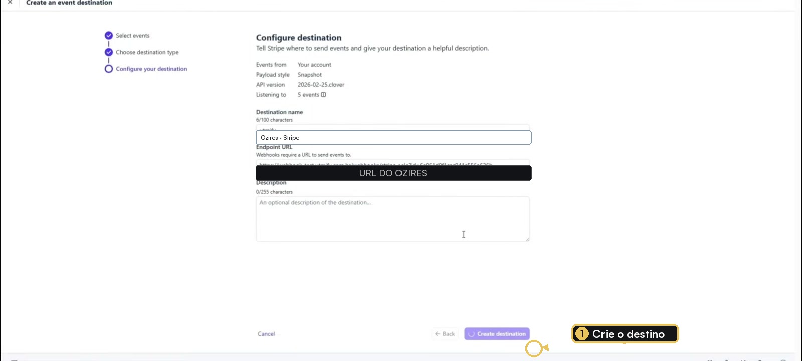 Configuração final do destino Stripe com nome e URL do Ozires