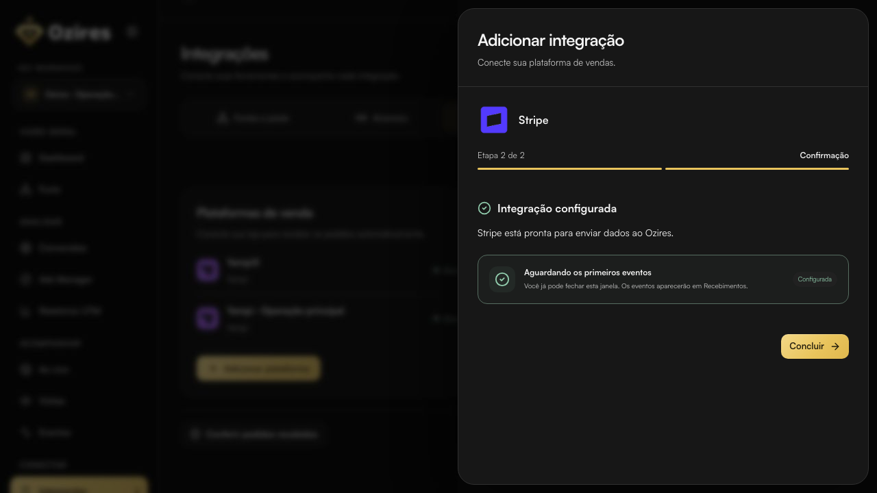 Tela final do Ozires com Integração configurada e Aguardando os primeiros eventos