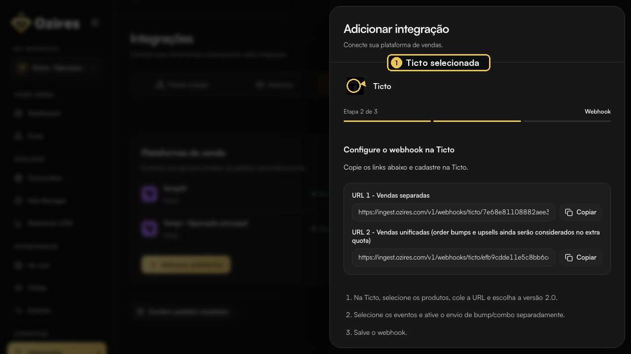 Configuração da Ticto aberta no Ozires