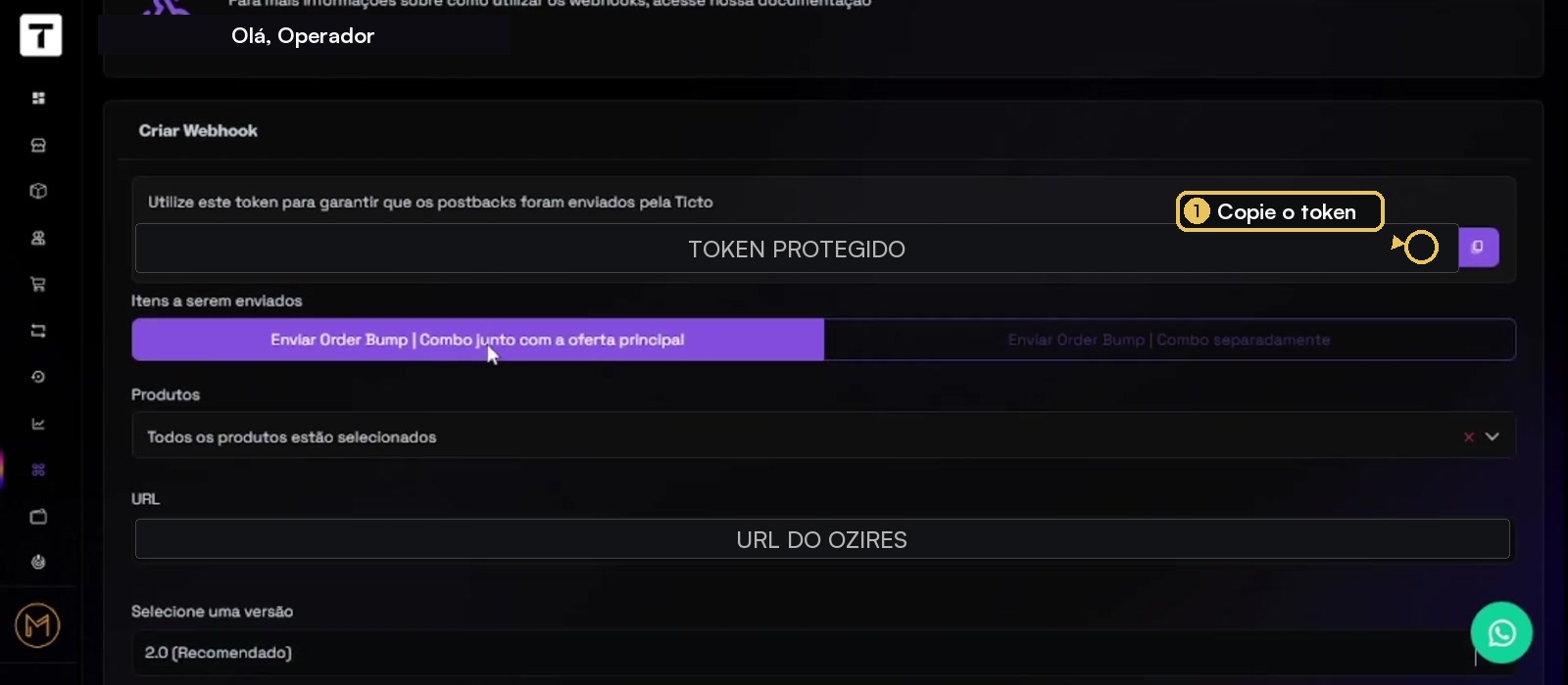 Formulário Criar Webhook da Ticto com token protegido