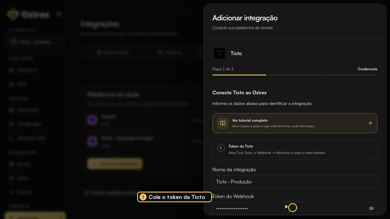 Formulário Ticto no Ozires com Token do Webhook destacado