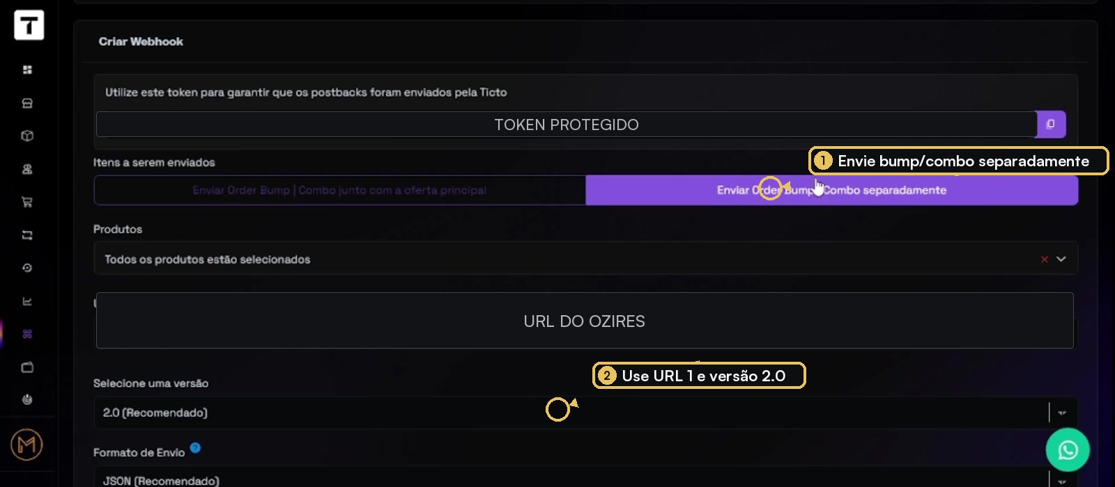 Configuração do webhook Ticto com URL, versão 2.0 e bump separado