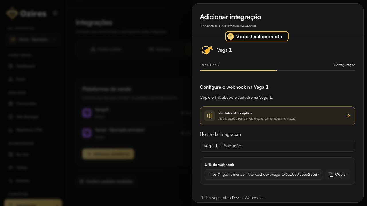 Configuração da Vega 1 aberta no Ozires