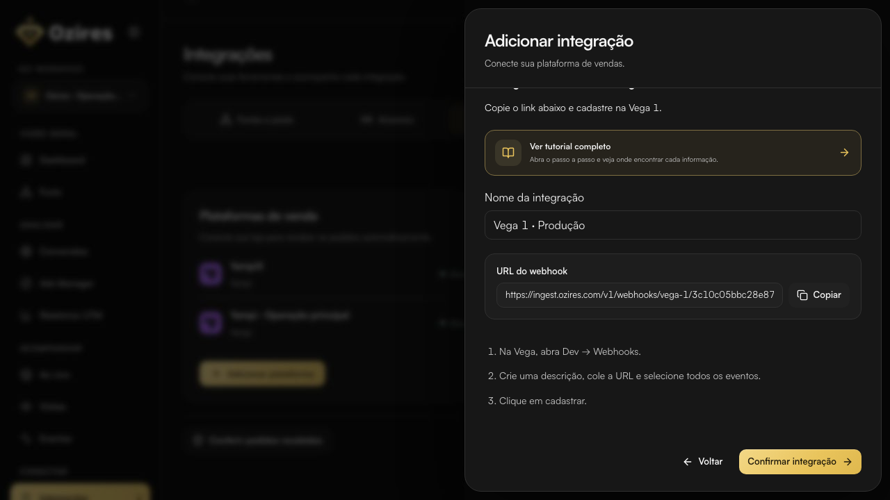 URL do webhook da Vega 1 no Ozires com o botão Copiar