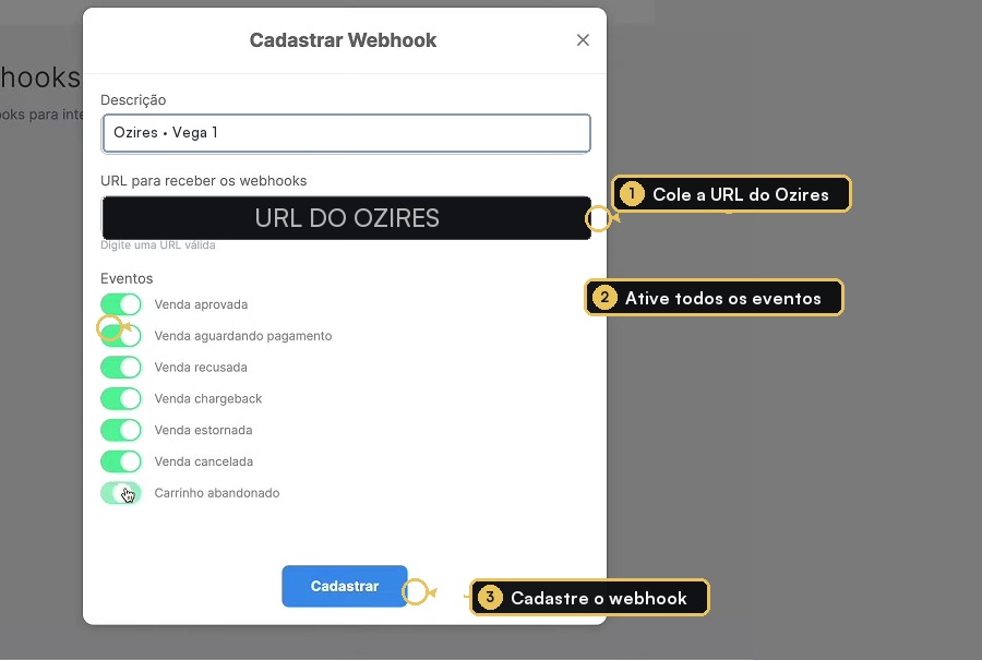 Formulário de webhook da Vega com descrição, URL e todos os eventos destacados