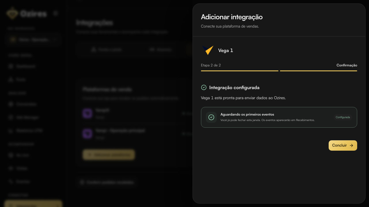 Tela final do Ozires com Integração configurada e Aguardando os primeiros eventos