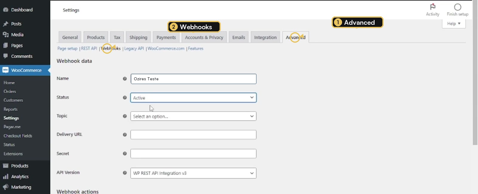 Configurações avançadas do WooCommerce com a área de Webhooks