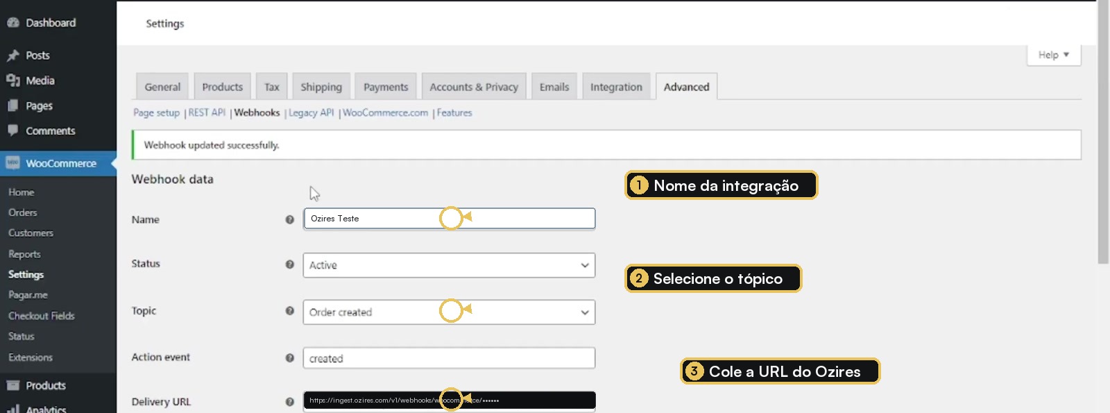 Formulário de webhook do WooCommerce preenchido com pedido criado e URL de entrega