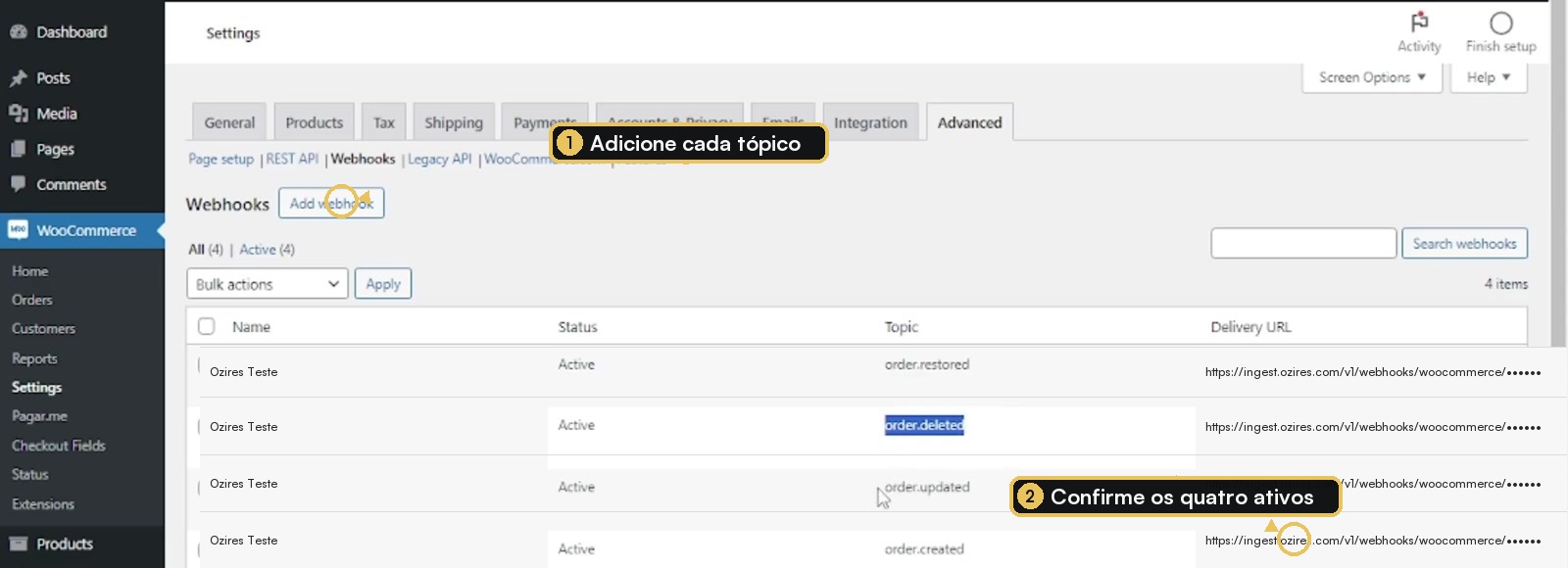 Lista do WooCommerce com quatro webhooks ativos, um para cada tópico