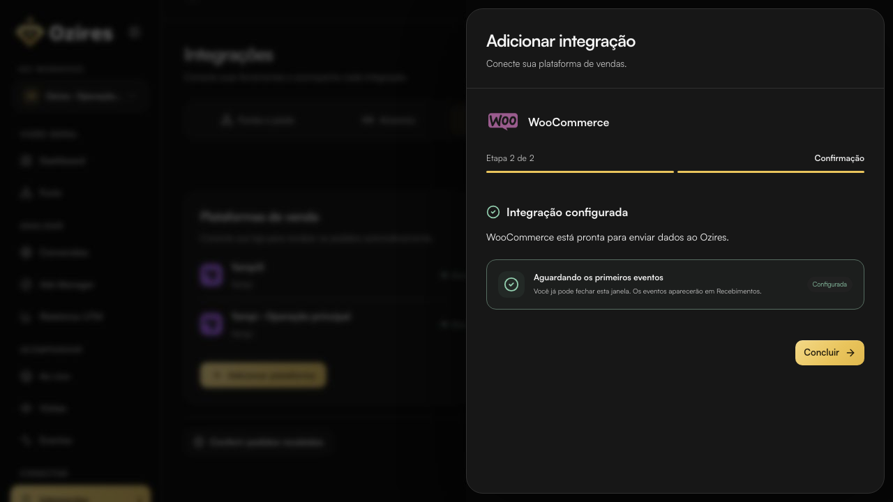 Tela final do Ozires com Integração configurada e Aguardando os primeiros eventos